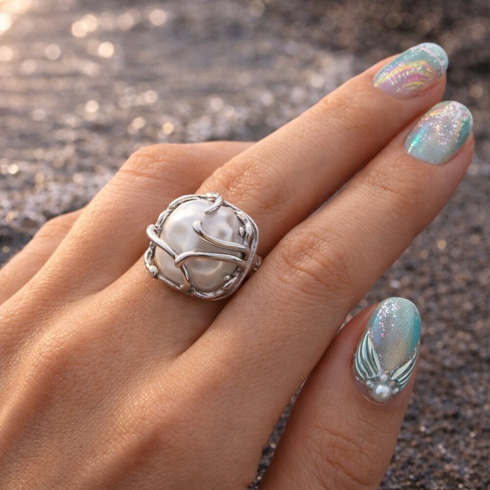 925 Sterling Silver Sculptural Faux Baroque Pearl Statement Ring Adjustable 6-9 - Picture 3 of 16